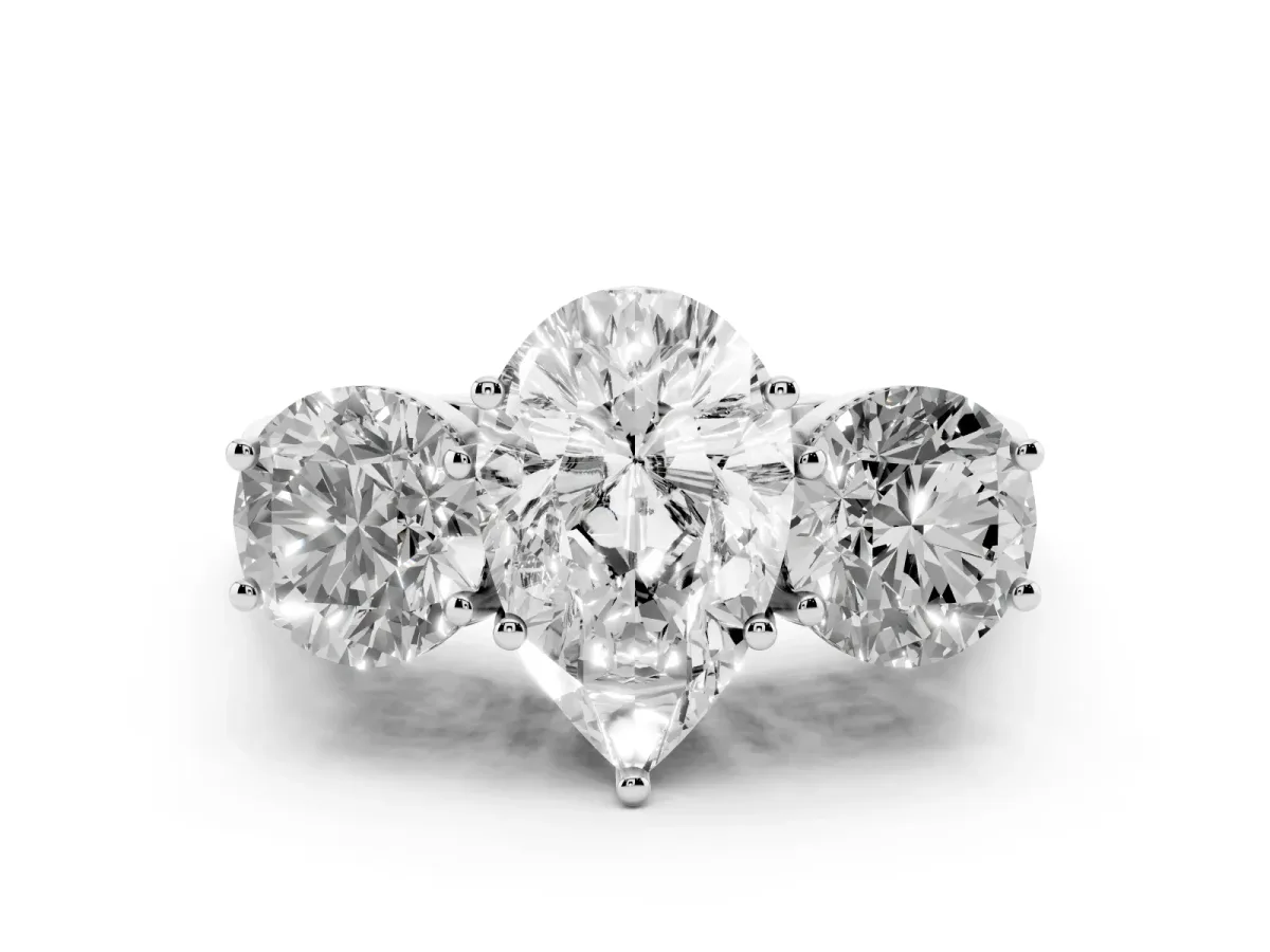 Three-Stone Pear Cut Diamond Engagement Ring with Prong Setting on a Classic Band Silver