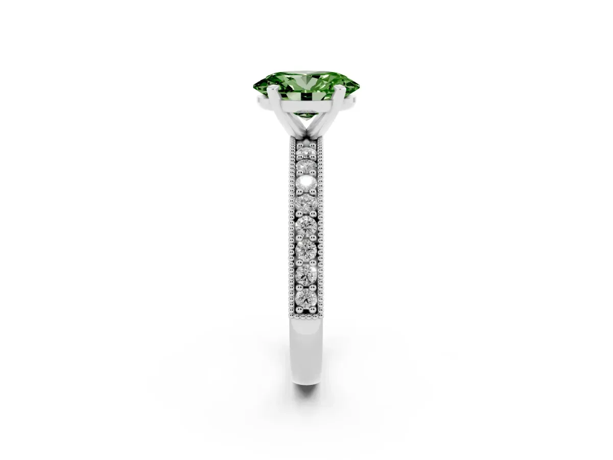 Fancy Green Oval Cut Diamond Milgrain Pavé Engagement Ring with Four-Prong Setting Silver