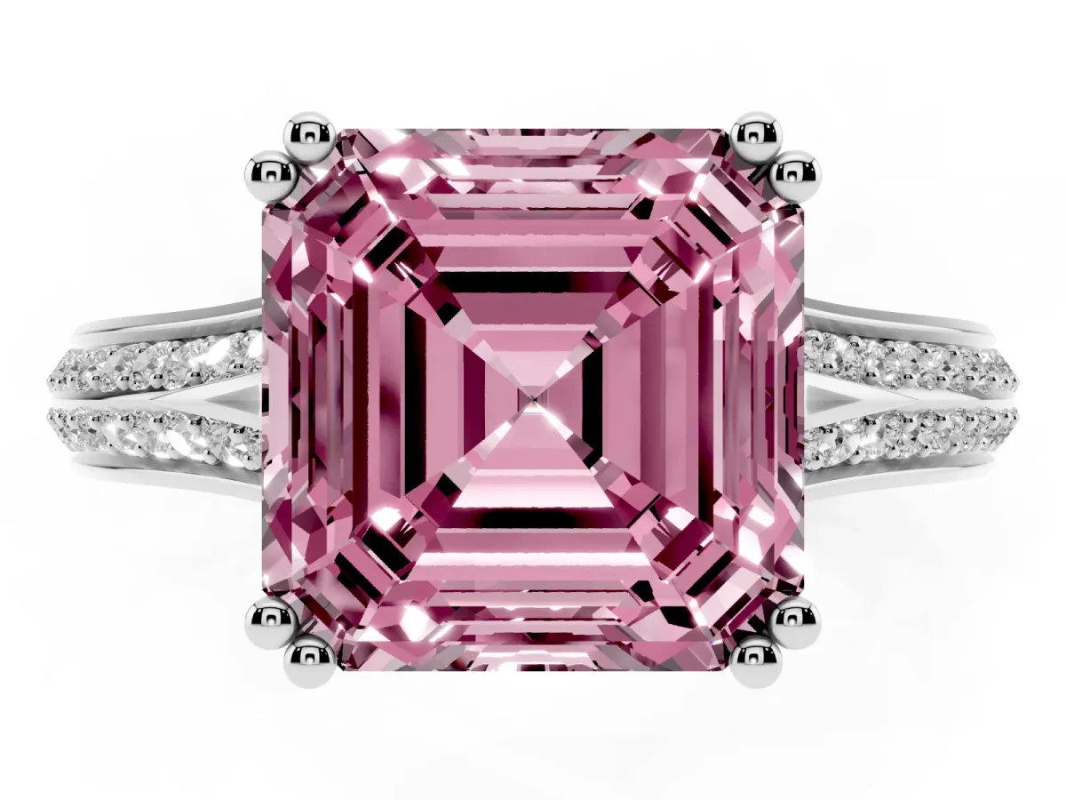 Fancy Pink Asscher Cut Diamond Split Shank Engagement Ring with Pavé Band Silver