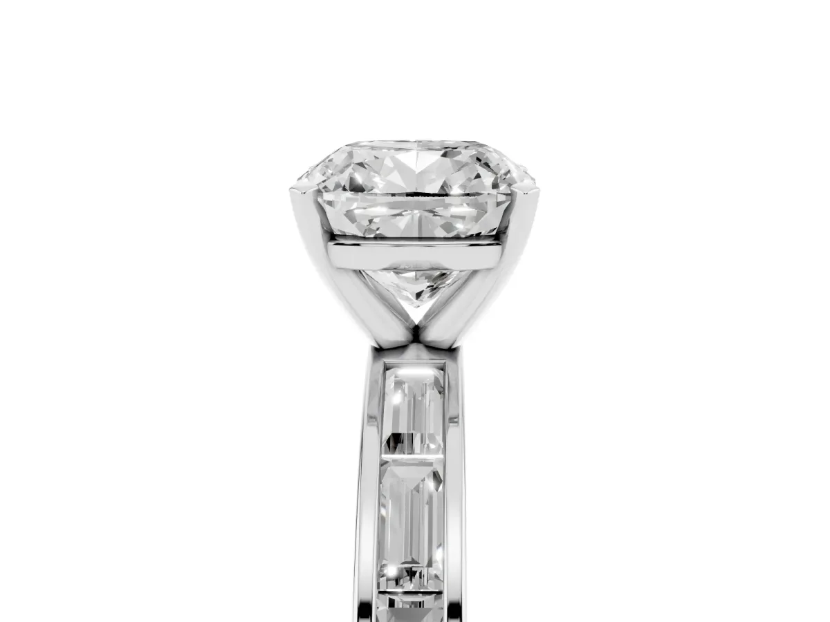 Cushion Cut Solitaire Diamond Ring with Channel-Set Baguette Band and Four-Prong Setting Platinum