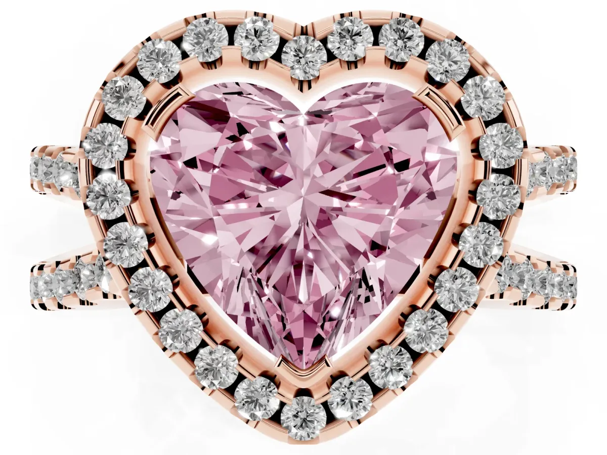 Fancy Pink Heart Cut Diamond Halo Ring with Split Shank Pavé Band and Prong Setting Rose gold