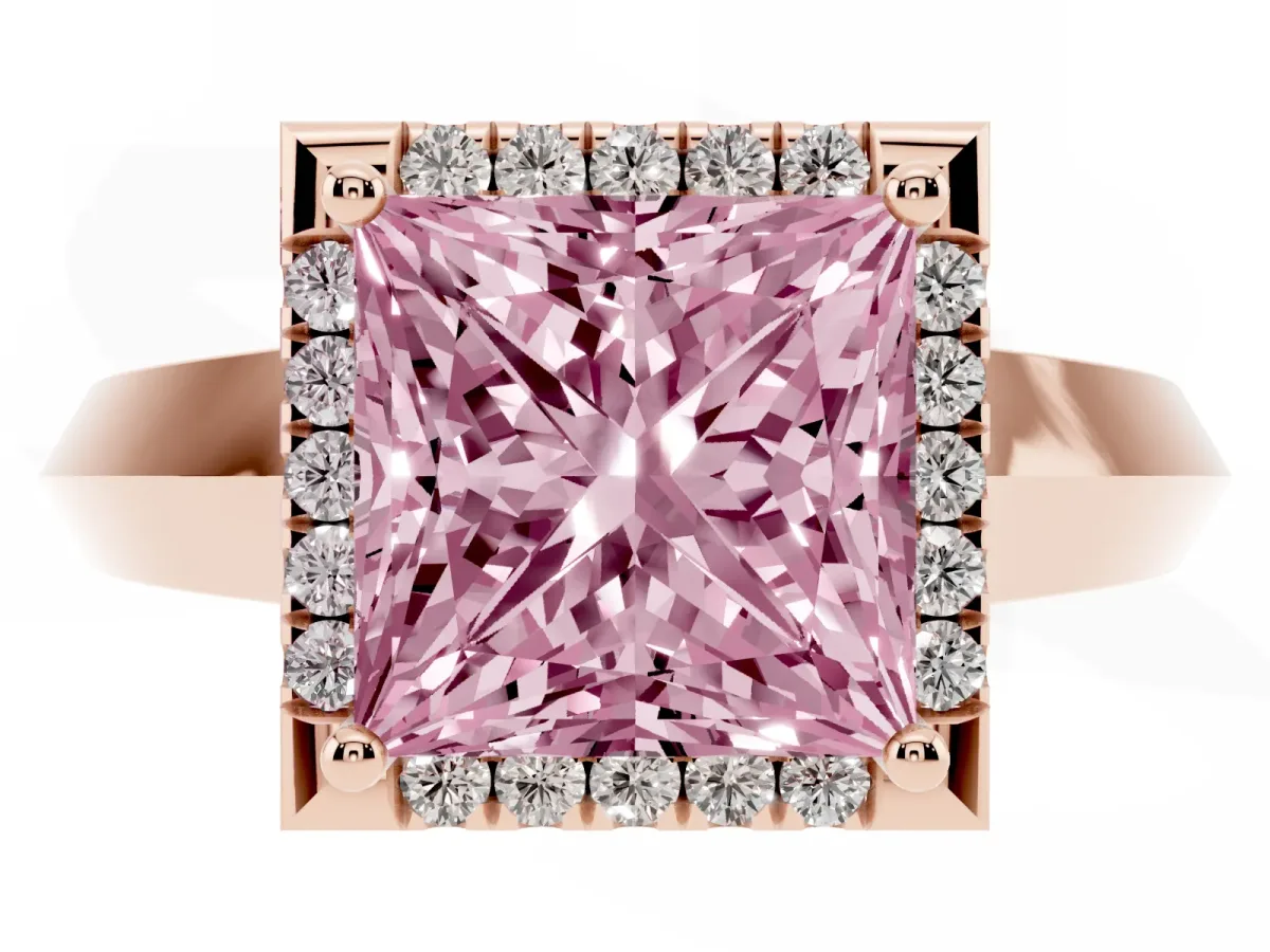 Fancy Pink Princess Cut Halo Diamond Ring with Cathedral Band and Four-Prong Setting Rose gold