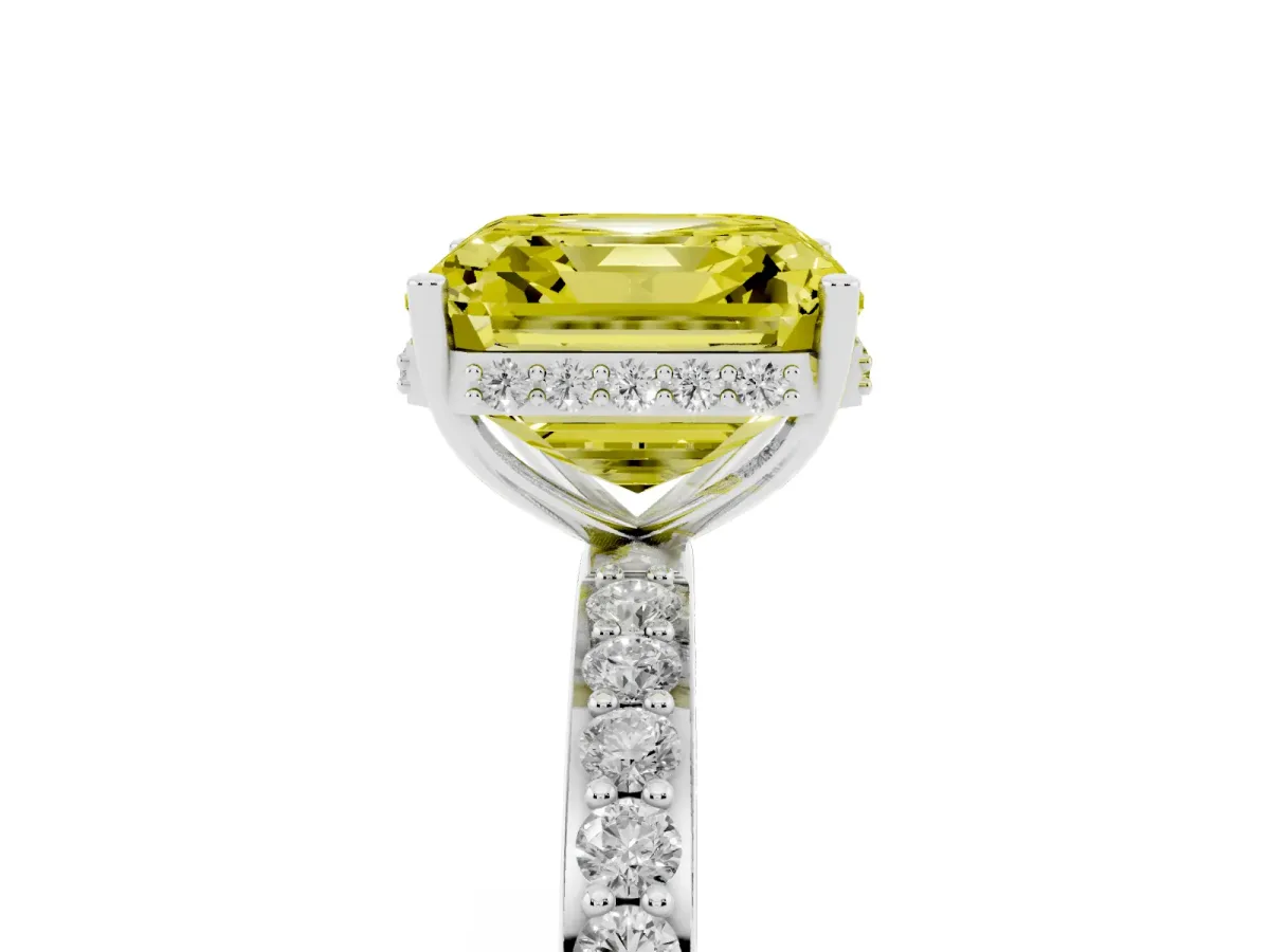 Fancy Yellow Asscher Cut Diamond Solitaire Ring with Pavé Band and Hidden Halo Platinum