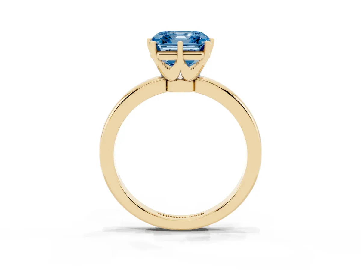 Fancy Blue Asscher Cut Solitaire Diamond Ring with Six-Prong Setting on a Classic Band Yellow gold
