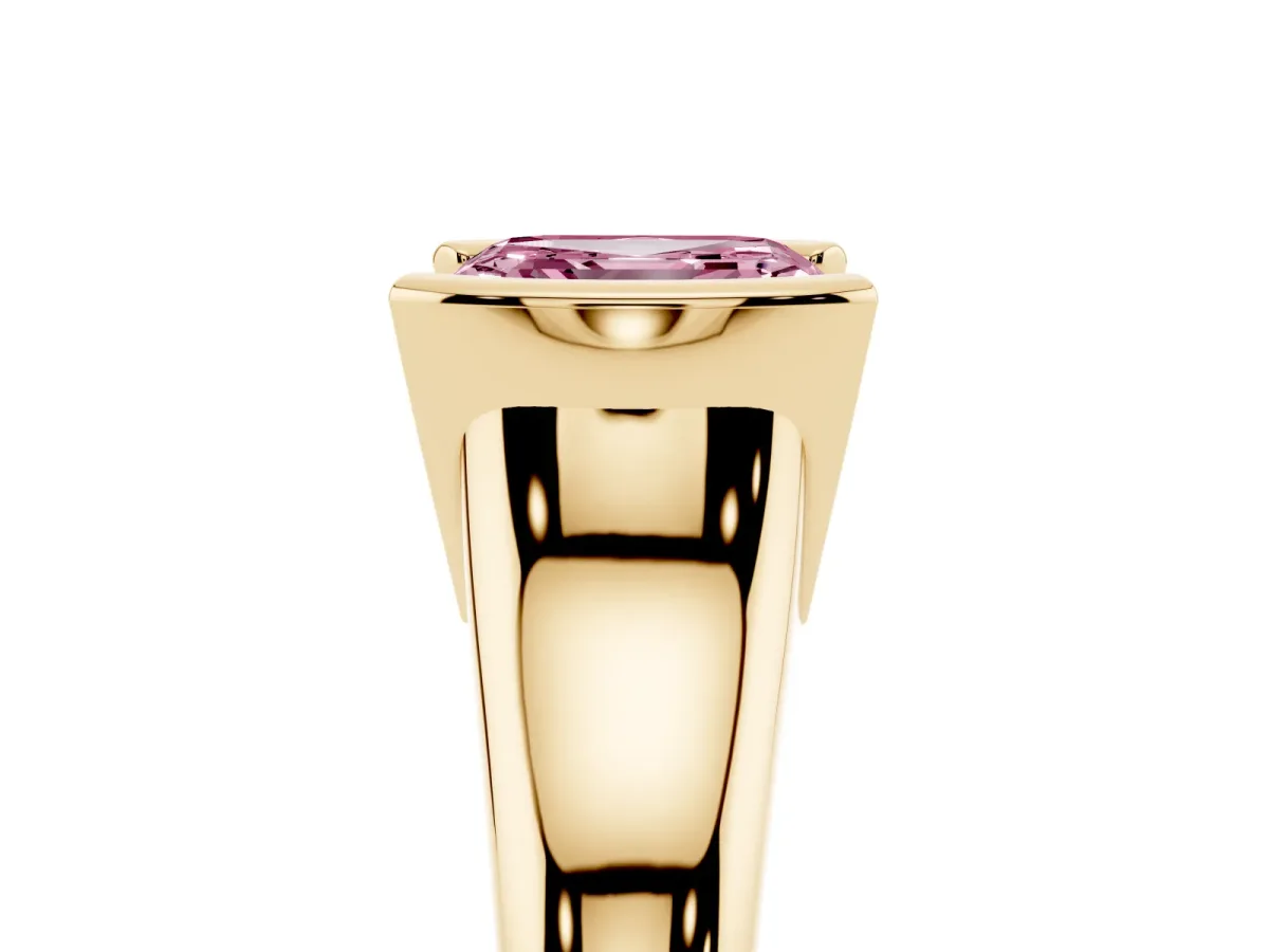 Fancy Pink Asscher Cut Solitaire Tension Set Diamond Ring with Split Shank Band Yellow gold