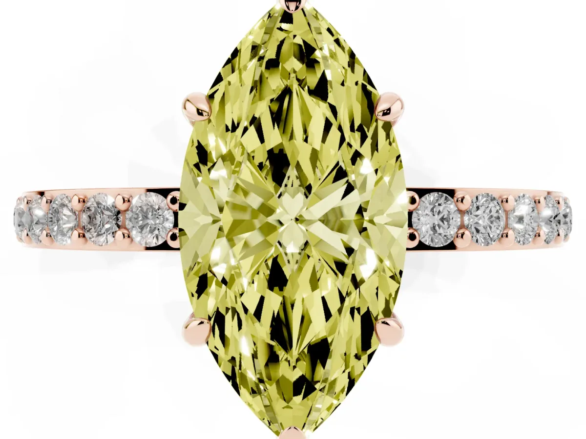 Fancy Yellow Marquise Cut Diamond Pavé Engagement Ring with Round Accents and Prong Setting Rose gold