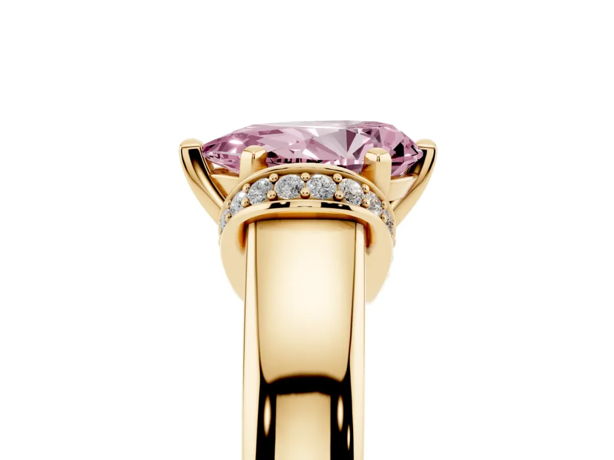 Fancy Pink Pear Cut Solitaire Diamond Ring with Pave Band and Six-Prong Setting Yellow gold