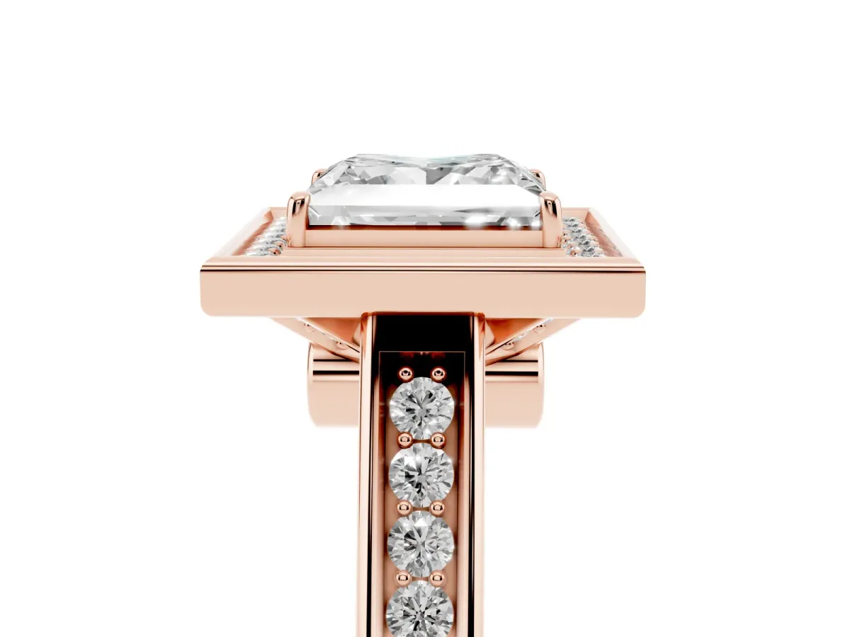 Princess Cut Halo Solitaire Diamond Ring with Pave Band and Bezel Setting Rose gold