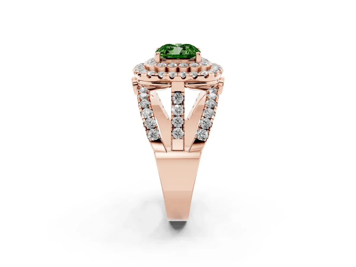 Fancy Green Cushion Cut Diamond Double Halo Ring with Round Pavé Split Shank and Prong Setting Rose gold