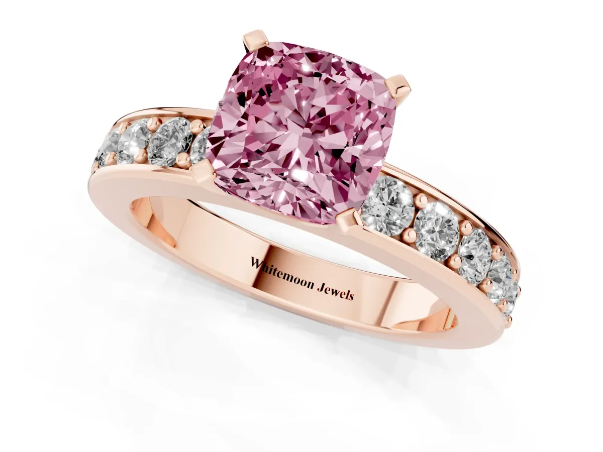 Fancy Pink Cushion Cut Diamond Engagement Ring with Channel Set Round Band and Prong Setting Rose gold