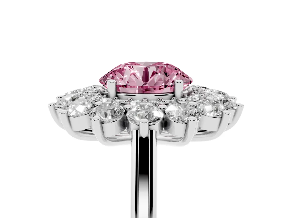 Fancy Pink Round Cut Diamond Floral Double Halo Engagement Ring with Prong Setting Silver