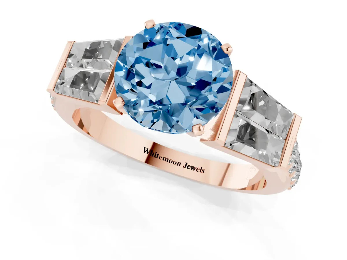 Fancy Blue Round Cut Diamond Engagement Ring with Baguette Side Stones and Channel Set Band Rose gold