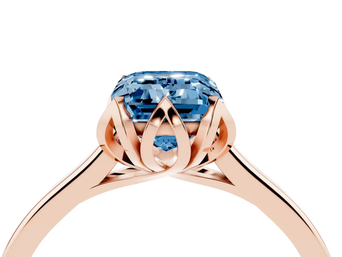 Fancy Blue Emerald Cut Diamond Solitaire Ring with Flower Prong Setting and Classic Band Rose gold