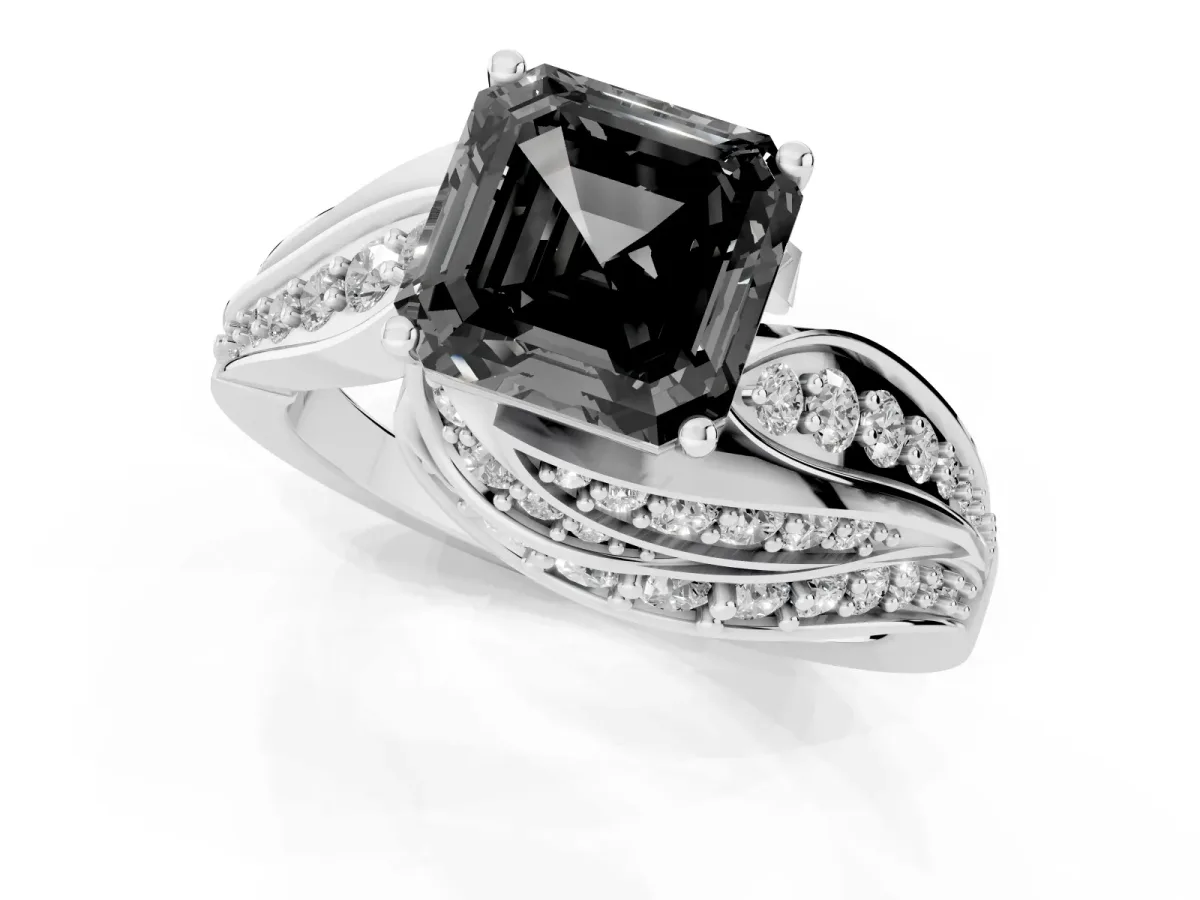 Fancy Black Asscher Cut Diamond Solitaire Ring with Prong Setting and Twisted Pavé Band Silver