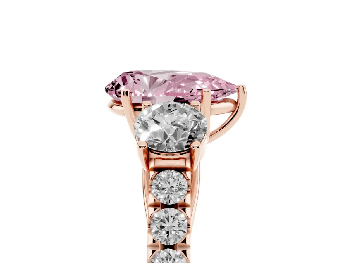 Fancy Pink Pear Cut Cut Diamond Three-Stone Ring with Round Side Stones and Pavé Band Rose gold