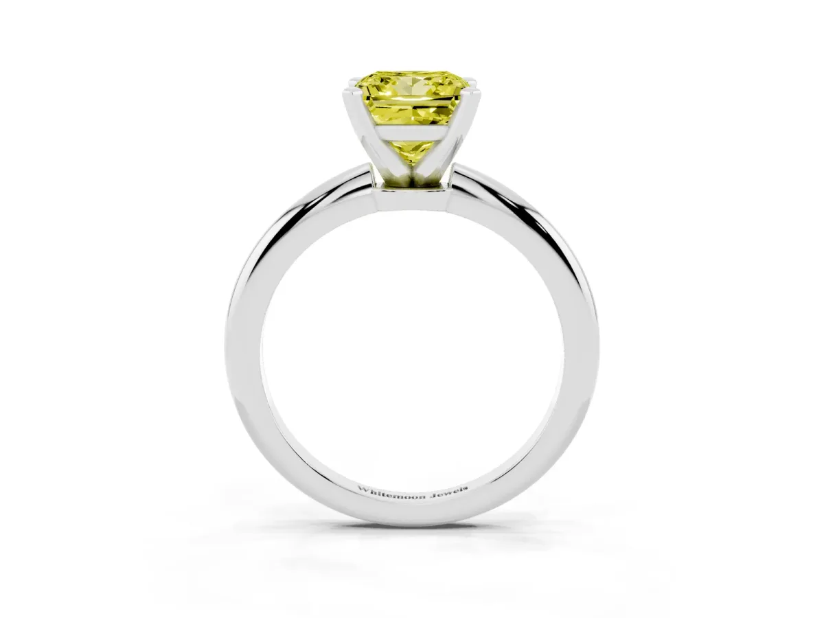 Fancy Yellow Princess Cut Diamond Solitaire Ring with Prong Setting and Classic Band Platinum