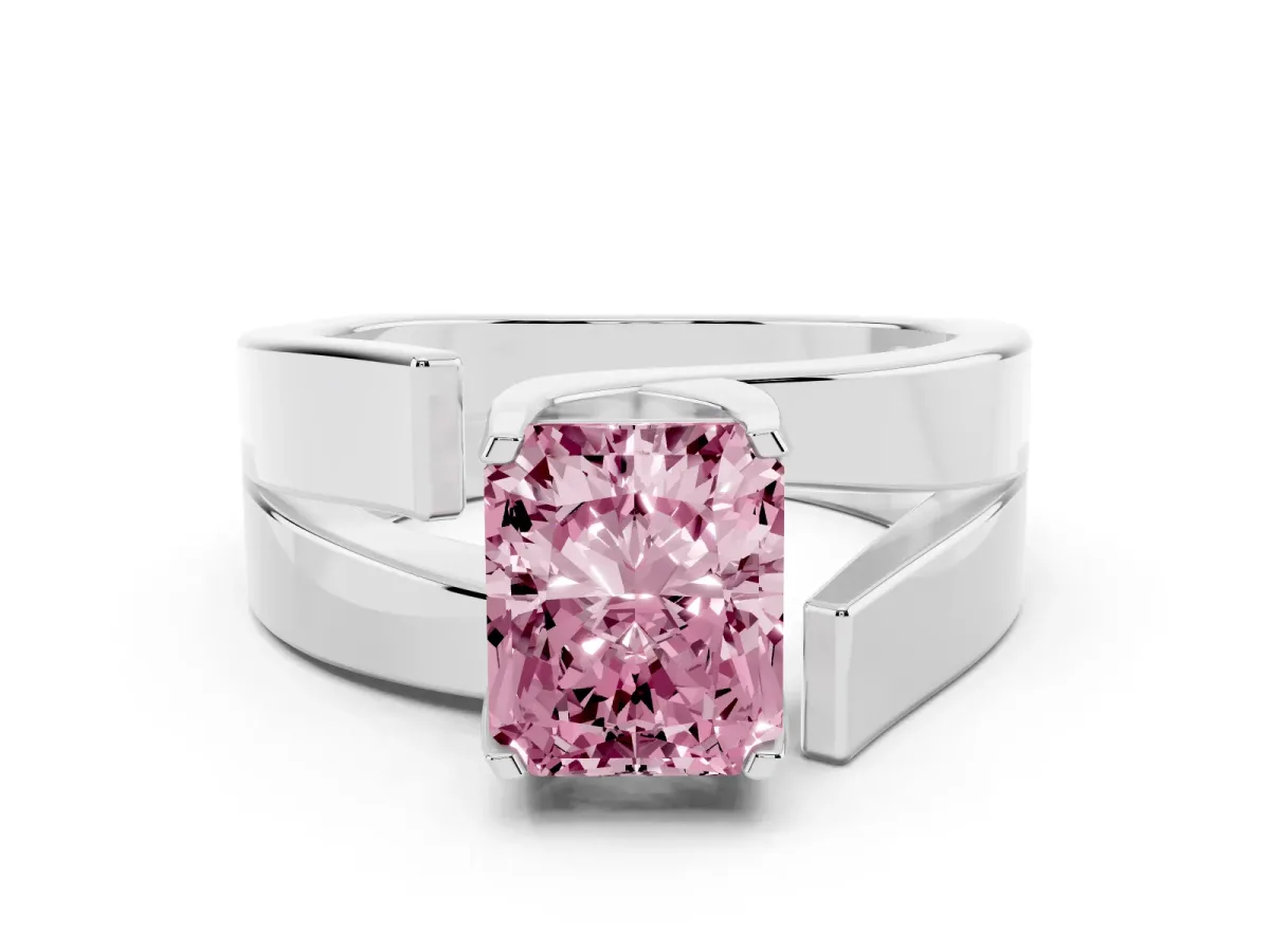 Fancy Pink Modern Tension Set Radiant Cut Diamond Solitaire Wide Band Ring Silver