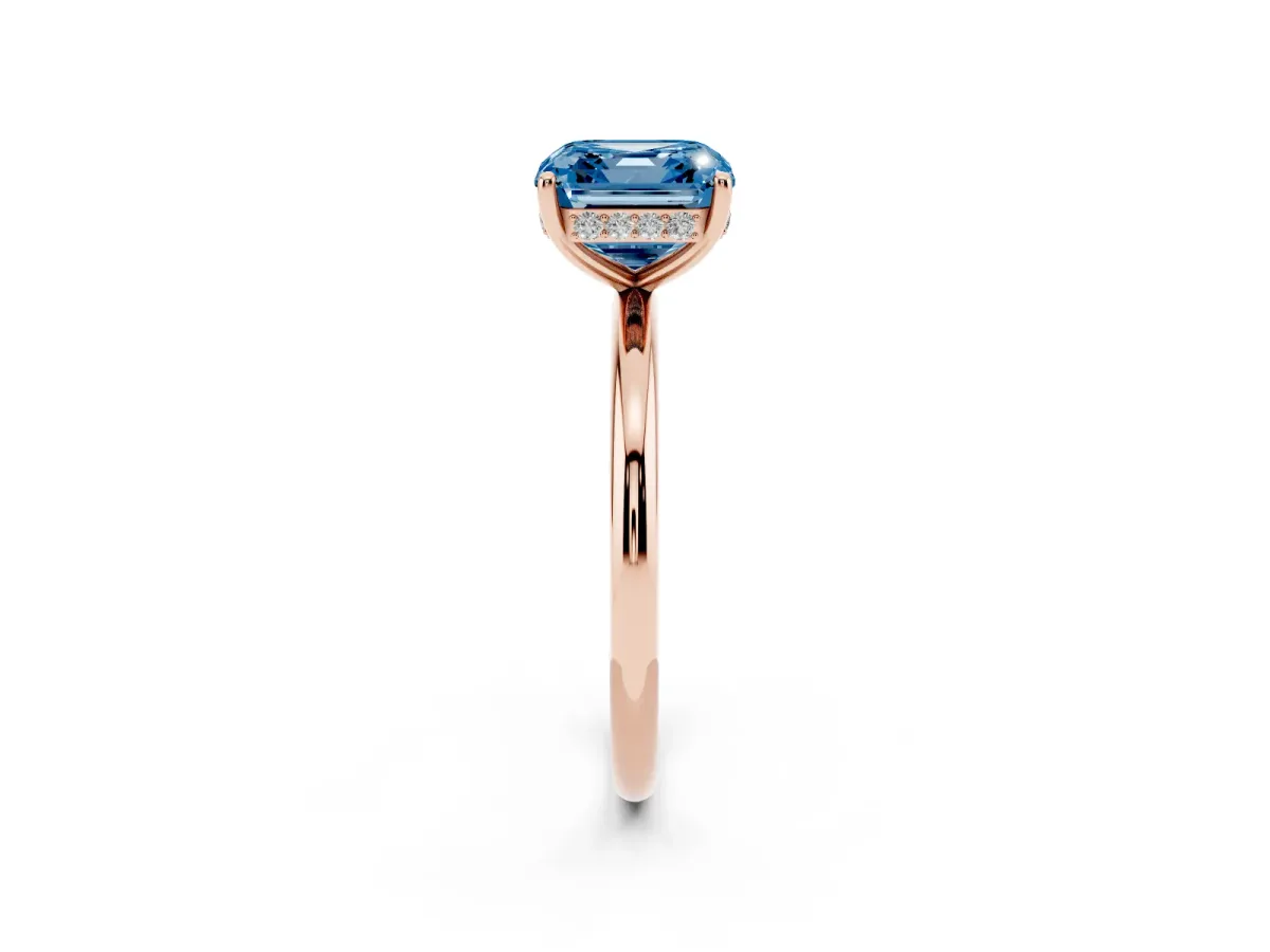 Fancy Blue Asscher Cut Solitaire Diamond Ring with a Classic Band and Four-Prong Setting Rose gold