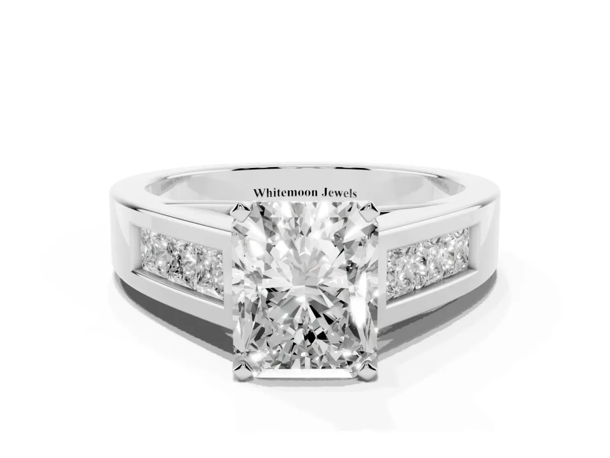 Radiant Cut Cut Channel Set Solitaire Ring with Four-Prong Setting Silver