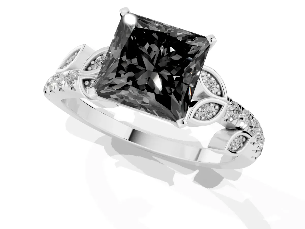 Fancy Black Princess Cut Solitaire Leaf-Inspired Diamond Ring with Pavé Band and Four-Prong Setting Silver