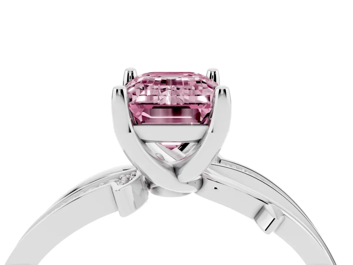 Fancy Pink Emerald Cut Solitaire Twist Band with Pavé Accents and Four-Prong Setting Silver