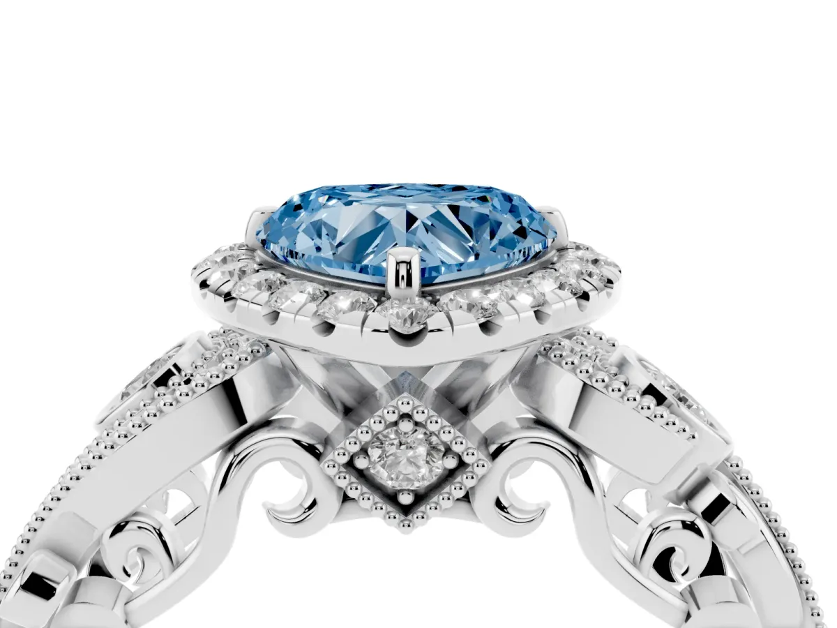 Fancy Blue Heart Cut Diamond Halo Ring with Milgrain Pavé Band and Four-Prong Setting White gold
