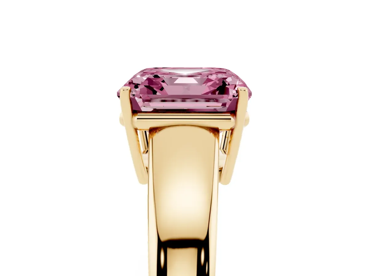 Fancy Pink Asscher Cut Solitaire Diamond Ring with Tapered Band and Four-Prong Setting Yellow gold