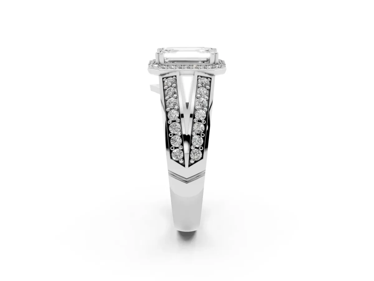 Emerald Cut Diamond Halo Ring with Split Shank Pavé Band and Four-Prong Setting Platinum