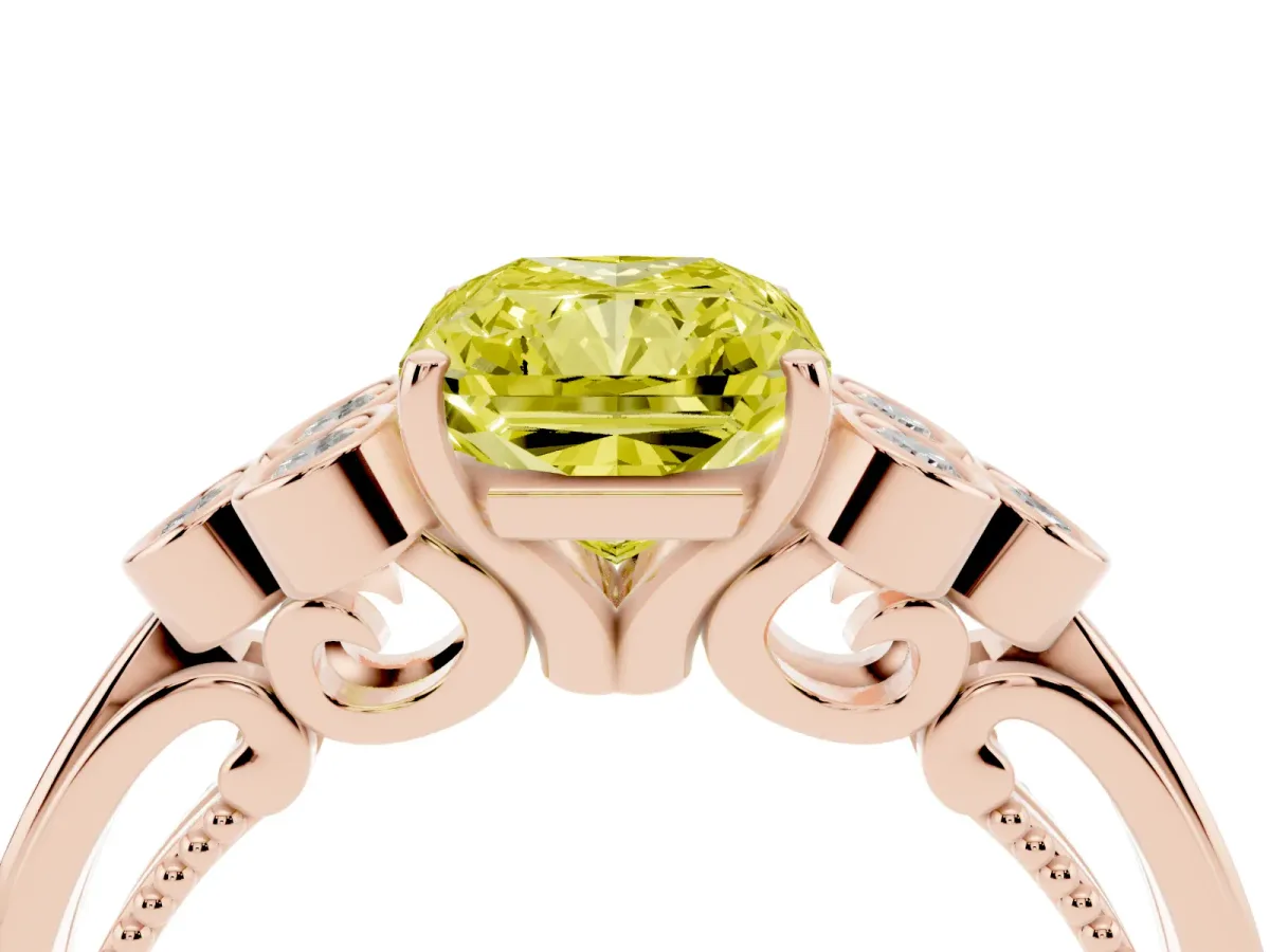 Fancy Yellow Radiant Cut Cut Diamond Engagement Ring with Bezel Set Round Side Stones and Prong Setting Rose gold