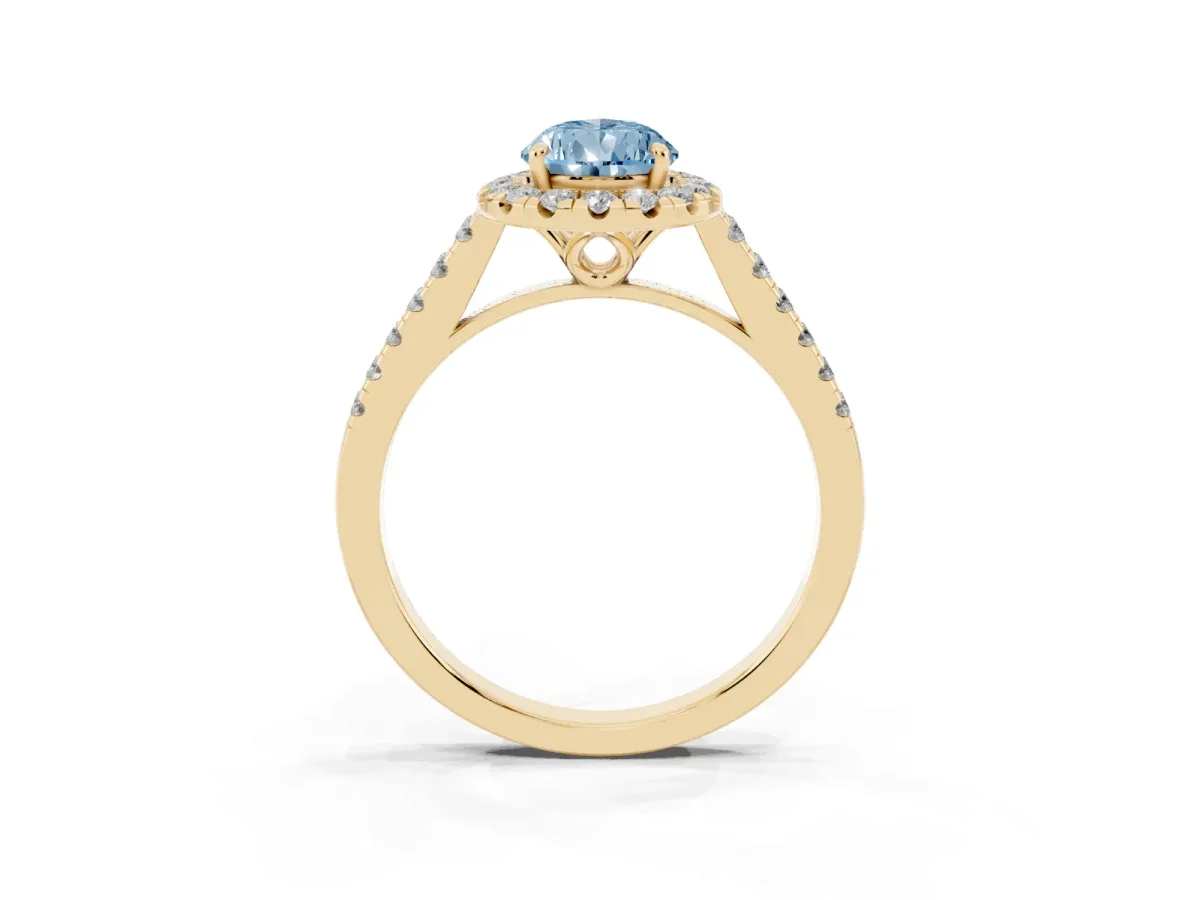 Fancy Blue Pear Cut Halo Pavé Diamond Engagement Ring with Four-Prong Setting Yellow gold