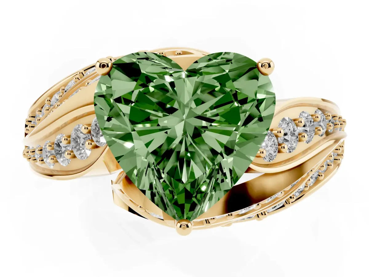 Fancy Green Heart Cut Diamond Solitaire Ring with Prong Setting and Twisted Pavé Band Yellow gold