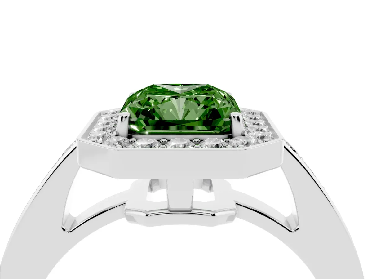 Fancy Green Radiant Cut Halo Pavé Diamond Engagement Ring with Bezel Setting White gold