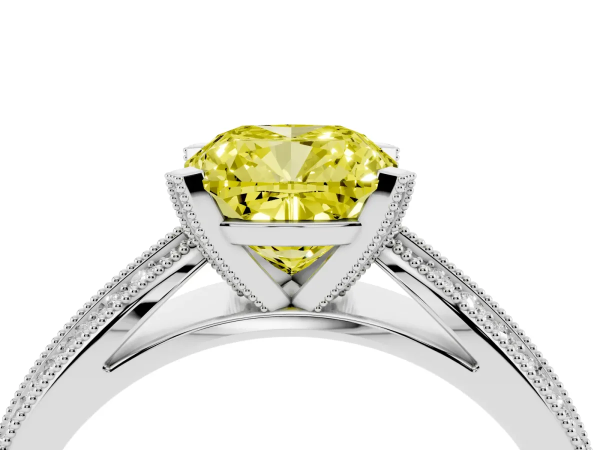 Fancy Yellow Cushion Cut Diamond Solitaire Ring with Milgrain Round Pavé Band and Prong Setting Silver