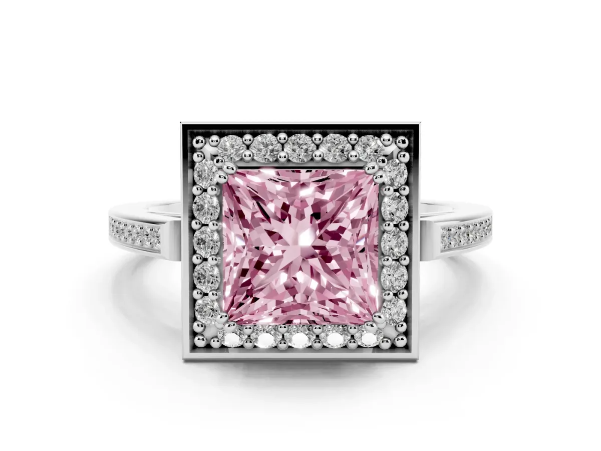 Fancy Pink Princess Cut Diamond Halo Ring with Split Shank and Four-Prong Setting Silver