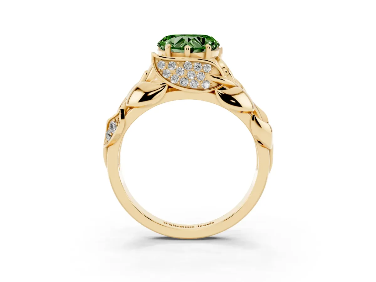Fancy Green Heart Cut Diamond Leaf-Inspired Engagement Ring with Round Accents and Prong Setting Yellow gold