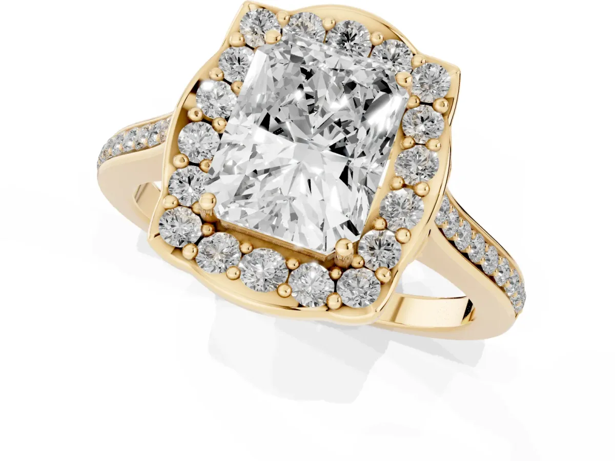 Radiant Cut Halo Round Diamond Pave Band with Four-Prong Setting Yellow gold