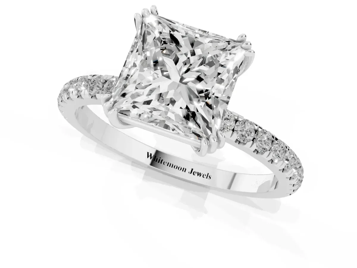 Princess Cut Brilliant Solitaire with Pavé Band and Claw Prong Setting Silver