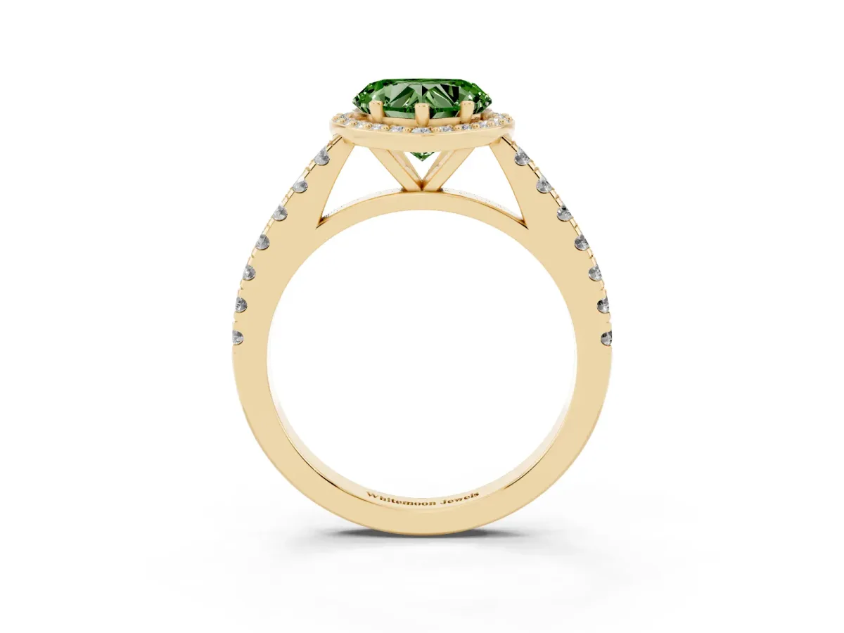 Fancy Green Heart Cut Cut Halo Diamond Engagement Ring with Pave Band and Four-Prong Setting Yellow gold