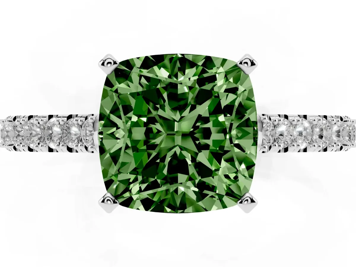 Fancy Green Cushion Cut Cut Solitaire Diamond Engagement Ring with Pave Band and Four-Prong Setting Platinum