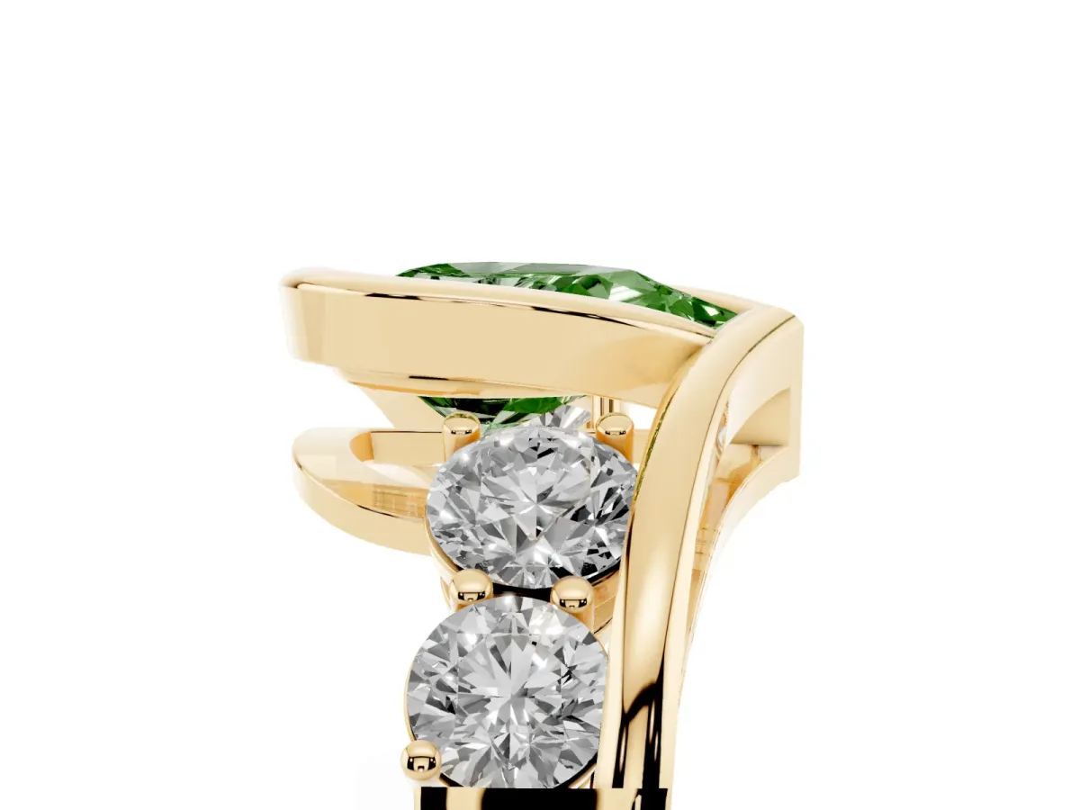 Fancy Green Bezel Set Pear Cut Diamond Bypass Ring with Round Accents Yellow gold