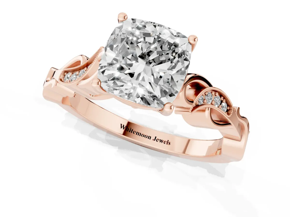 Cushion Cut Solitaire Vine Band with Milgrain Prong Setting Rose gold