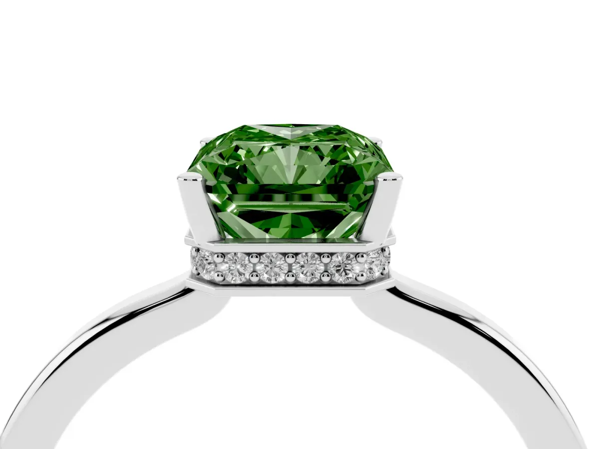 Fancy Green Radiant Cut Cut Solitaire Engagement Ring with Four-Prong Setting on a Classic Band Silver