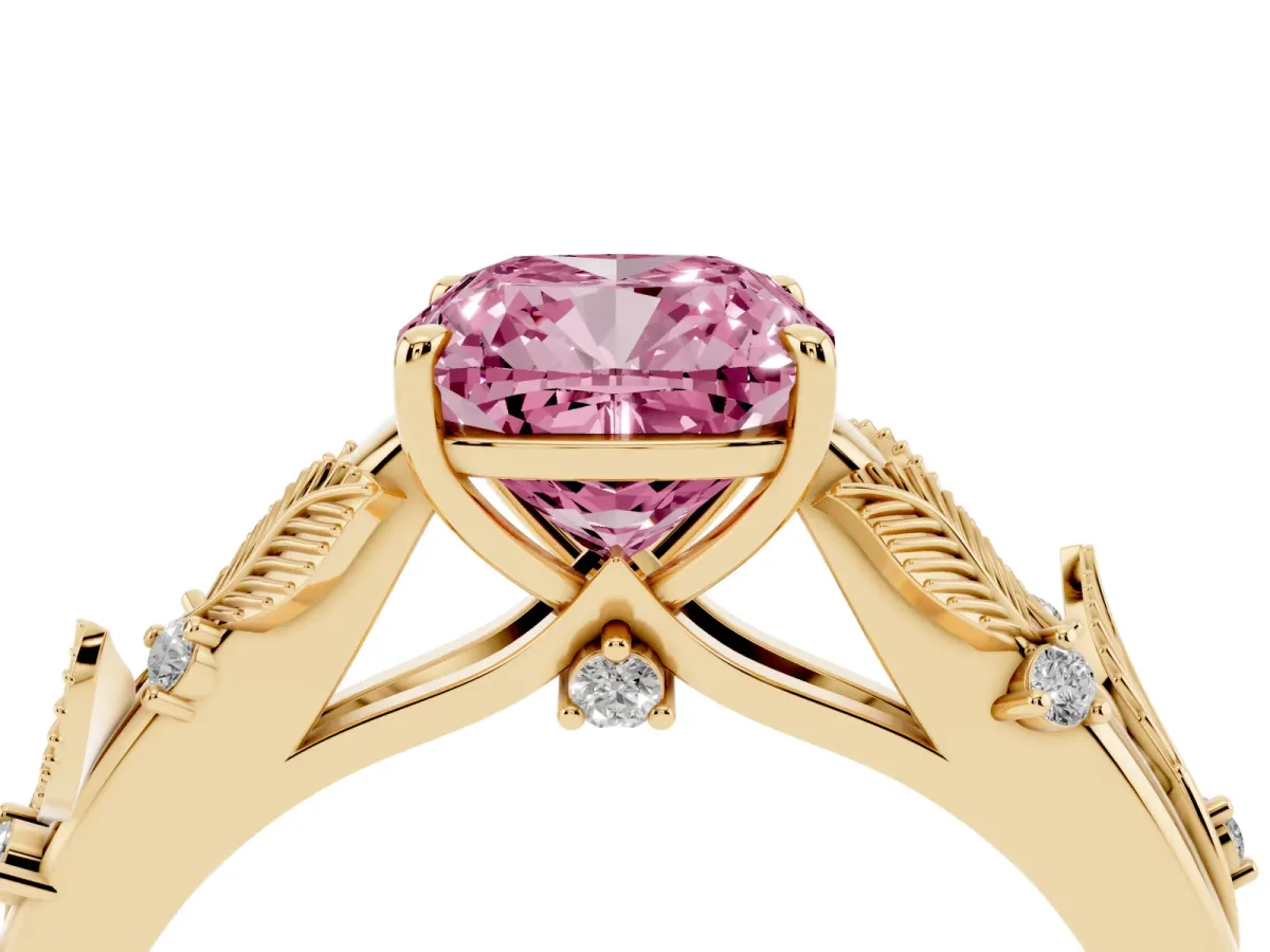 Fancy Pink Cushion Cut Diamond Solitaire Ring with Leaf Motif Band and Four-Prong Setting Yellow gold