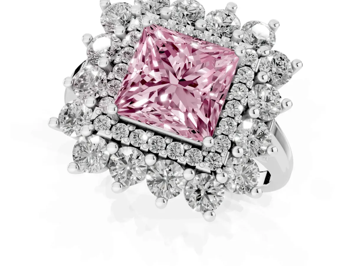 Fancy Pink Princess Cut Diamond Floral Double Halo Engagement Ring with Prong Setting Silver