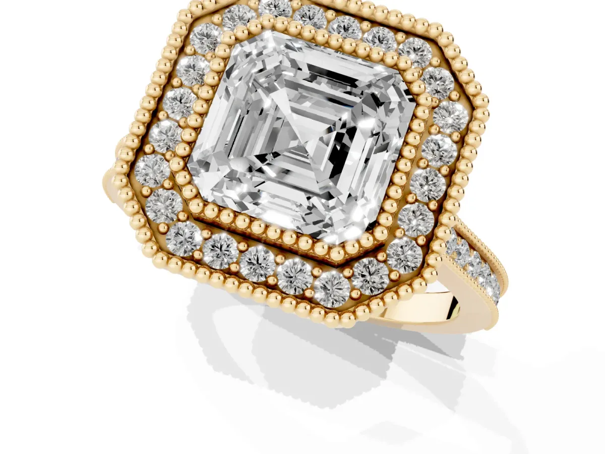 Asscher Cut Diamond Halo Ring with Milgrain Frame and Pavé Band Yellow gold