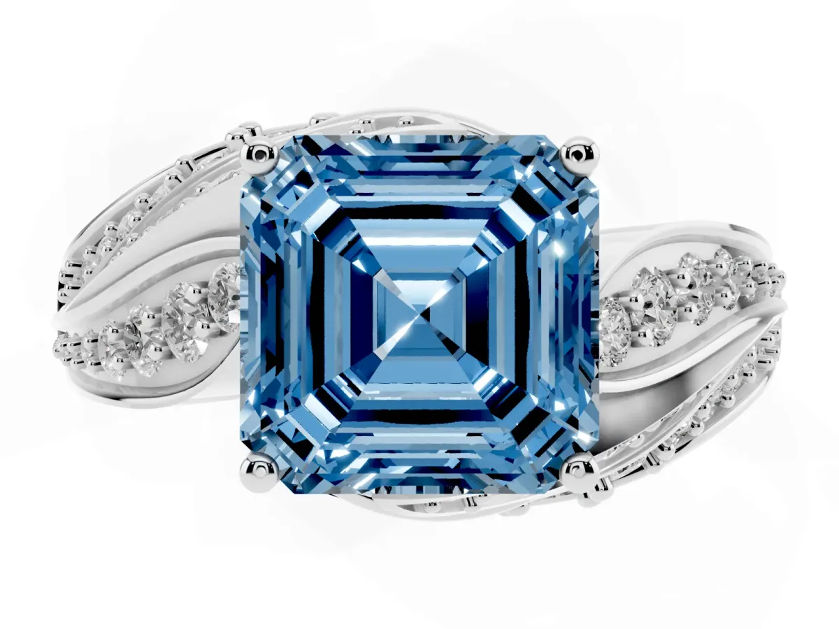 Fancy Blue Asscher Cut Diamond Solitaire Ring with Prong Setting and Twisted Pavé Band Silver