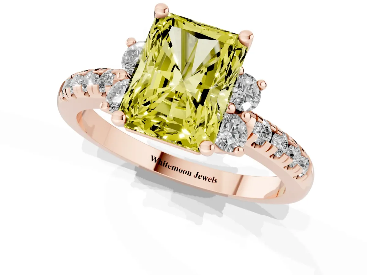 Fancy Yellow Radiant Cut Diamond Three-Stone Pave Band with Four-Prong Setting Rose gold