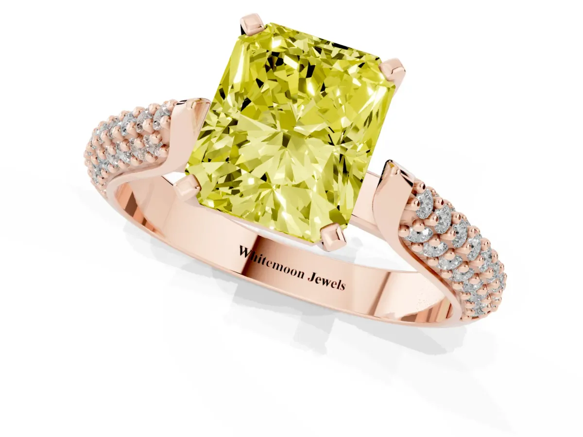 Fancy Yellow Radiant Cut Diamond Solitaire Engagement Ring with Multi-Row Round Pavé Band and Prong Setting Rose gold