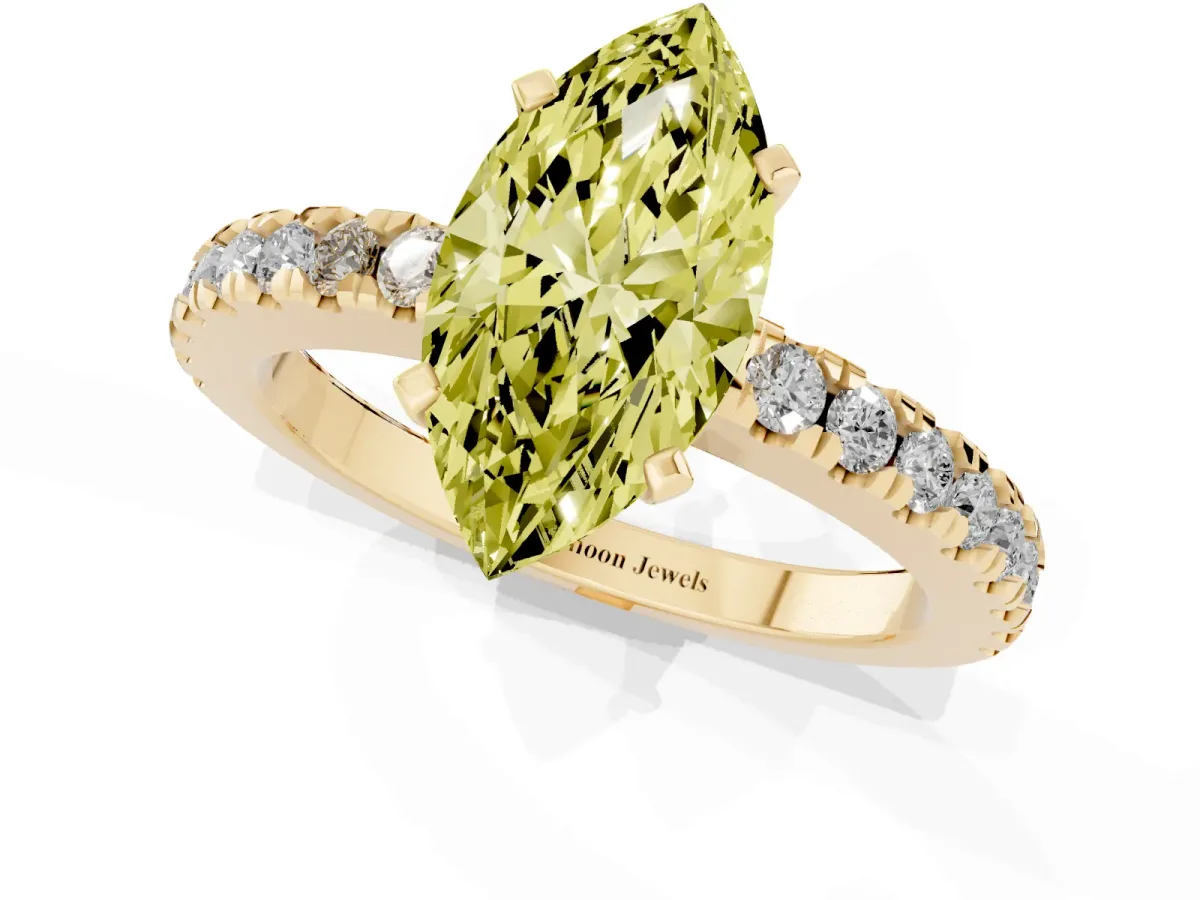 Fancy Yellow Marquise Cut Solitaire Diamond with Pavé Band and Four-Prong Setting Yellow gold