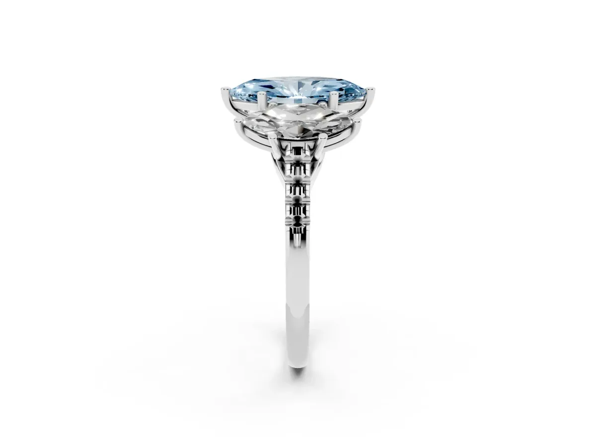 Fancy Blue Three-Stone Marquise Cut Diamond Ring with Round Pavé Band and Prong Setting Silver
